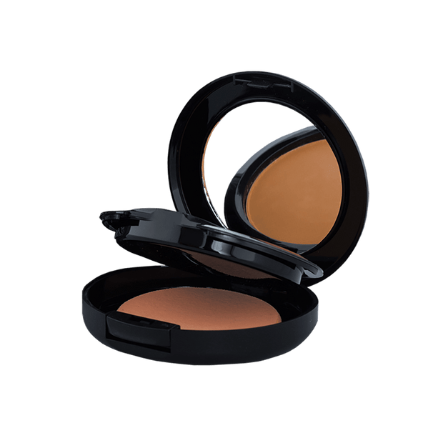 A compact case containing two shades of powder foundation, ideal for customizable coverage and blending. The sleek packaging features a mirror and applicator for convenient on-the-go touch-ups.