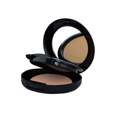 A compact case containing two shades of powder foundation, ideal for customizable coverage and blending. The sleek packaging features a mirror and applicator for convenient on-the-go touch-ups.