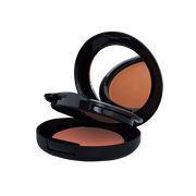 A compact case containing two shades of powder foundation, ideal for customizable coverage and blending. The sleek packaging features a mirror and applicator for convenient on-the-go touch-ups.