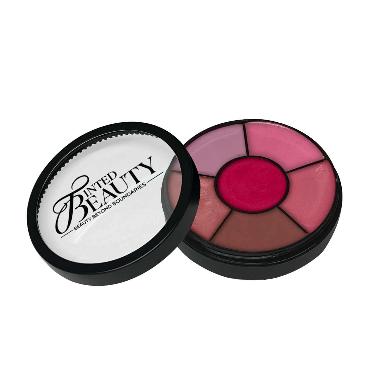 Lipgloss palette with shades of pink  open to reveal Tinted Beauty Cosmetics brand inside.