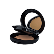 A compact case containing two shades of powder foundation, ideal for customizable coverage and blending. The sleek packaging features a mirror and applicator for convenient on-the-go touch-ups.