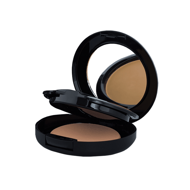 A compact case containing two shades of powder foundation, ideal for customizable coverage and blending. The sleek packaging features a mirror and applicator for convenient on-the-go touch-ups.
